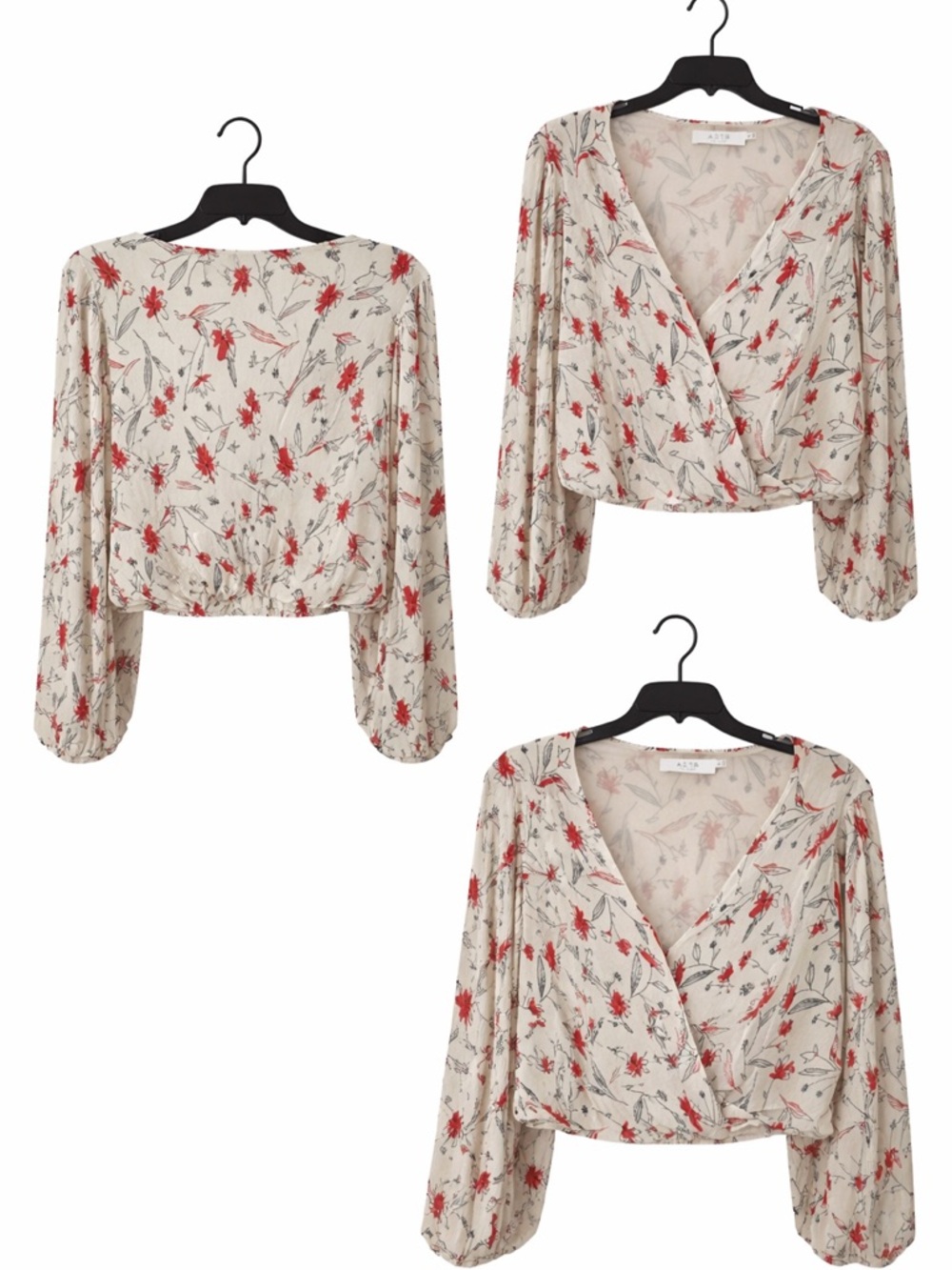 Astr Floral Wrap Crop Blouse - Cream with Red Floral